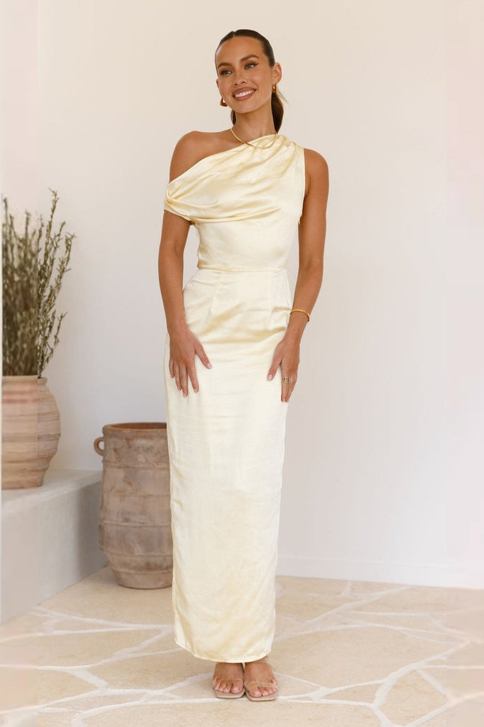 Satin One Shoulder Draped Column Maxi Dress - View 20