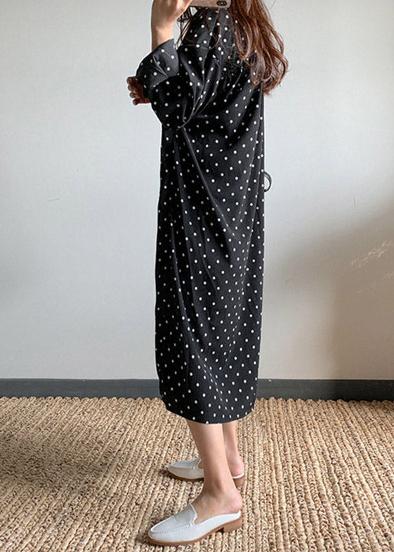 Polka Dot Shirt Collar Long Sleeve Side Slit Midi Shirt Dress - View 3