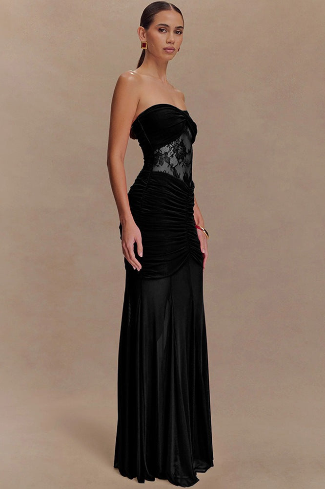 Strapless Twist Front Lace Corset Ruched Mermaid Maxi Dress 8