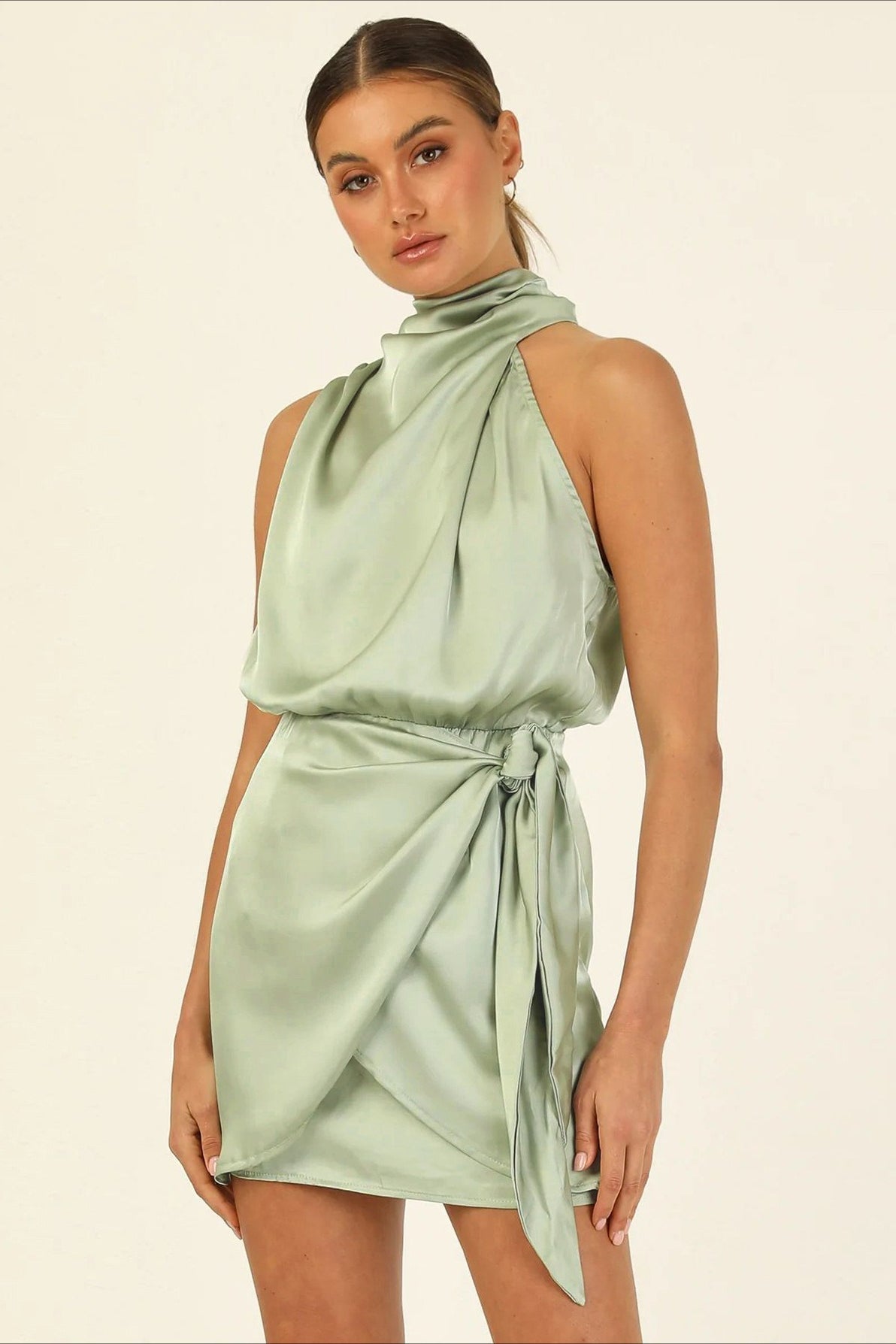 Satin Halter Neck Tie Waist Wrap Bodycon Mini Dress - View 6