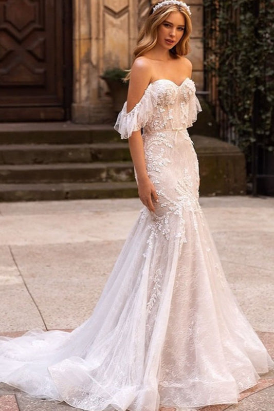 Lace Sweetheart Off Shoulder Ruffle Sleeve Mermaid Train Wedding Gown