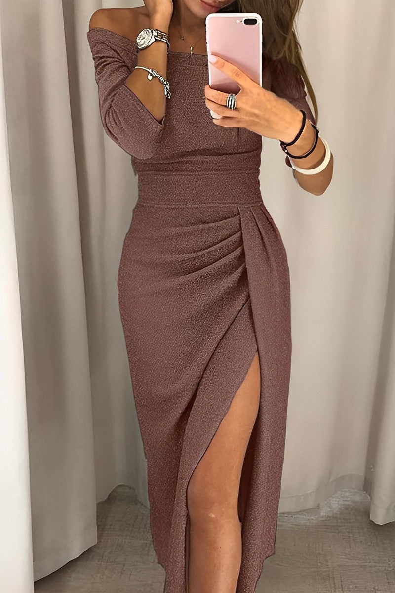 Off Shoulder Ruched Wrap Hip High Split Midi Cocktail Dress - View 8
