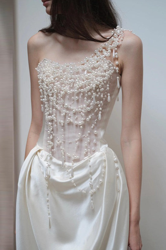 Pearl Beaded One Shoulder Corset Satin Maxi Gown
