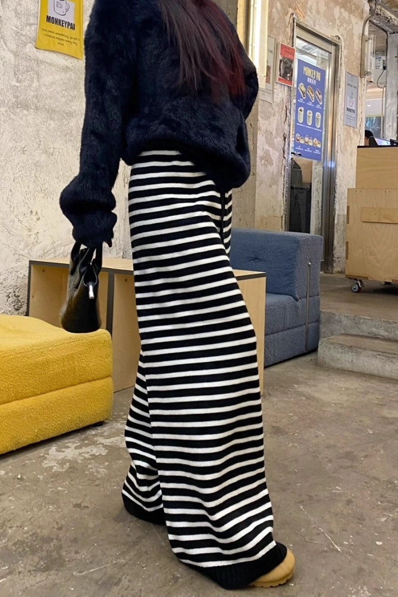 Striped Knitted Fleece High Waist Wide Leg Pants