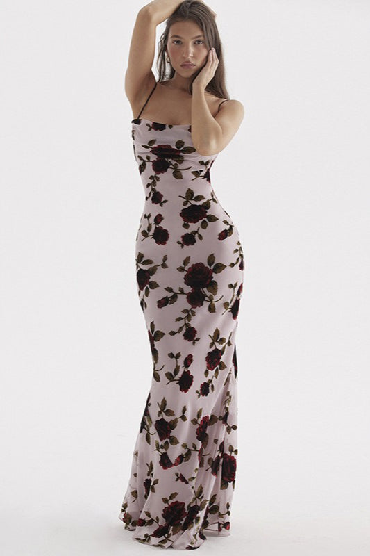 Floral Print Square Neck Spaghetti Strap Bodycon Maxi Dress - View 4