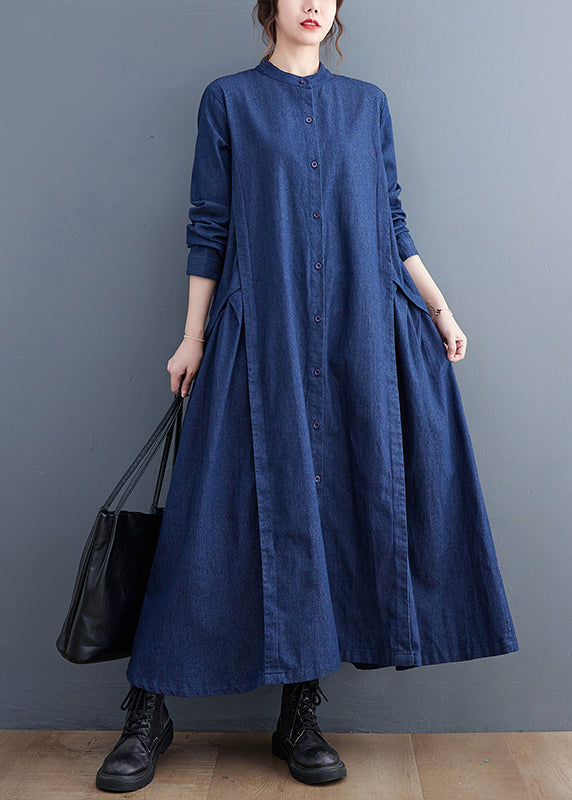 Denim Mandarin Collar Button Front Pleated Side Panel Maxi Dress