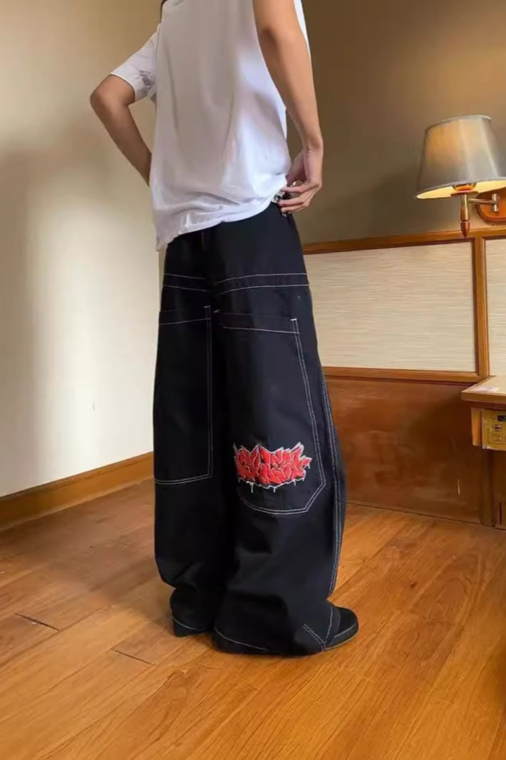 Embroidered Wide-Leg Denim Jeans