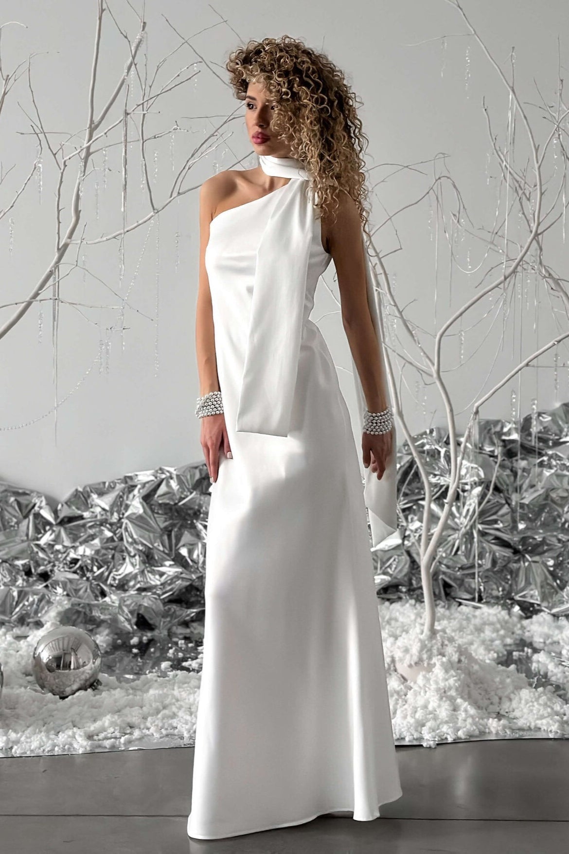 Satin Mock Neck Sash Tie Sleeveless Column Maxi Gown - View 3
