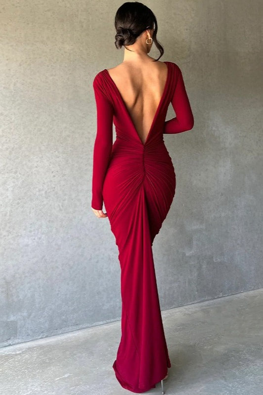 Deep V-Neck Long Sleeve Ruched Twist Front Bodycon Maxi Dress - View 6