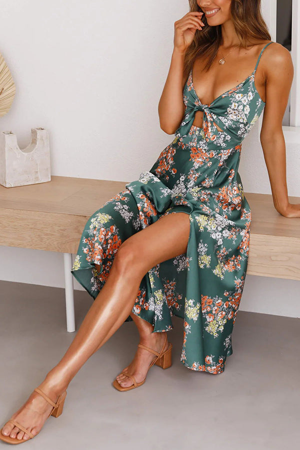 Floral Satin Spaghetti Strap Cut Out High Split Midi Dress - View 2