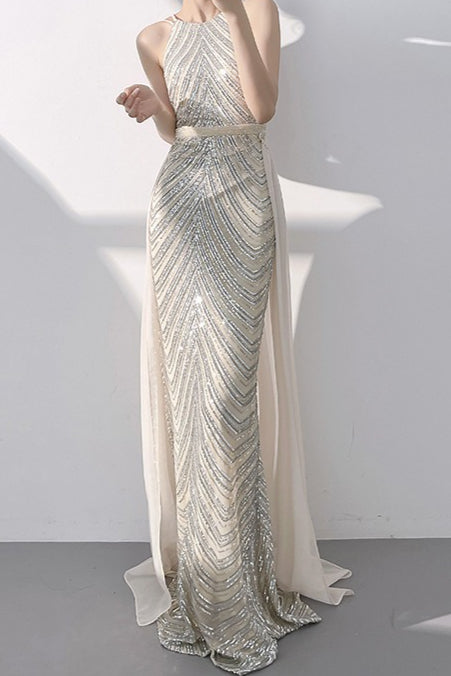 Beaded Sequin Halter Neck Mermaid Maxi Gown - View 6