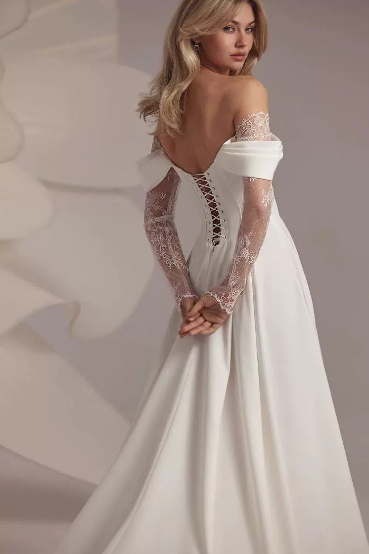 Off Shoulder Corset Lace Long Sleeve High Split A-Line Train Gown - View 3
