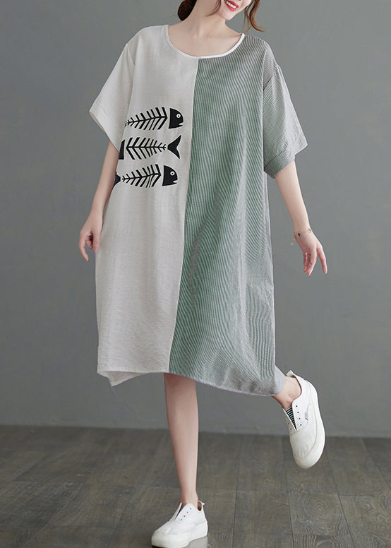 Fish Skeleton Print Color Block Vertical Stripe Dress - View 2