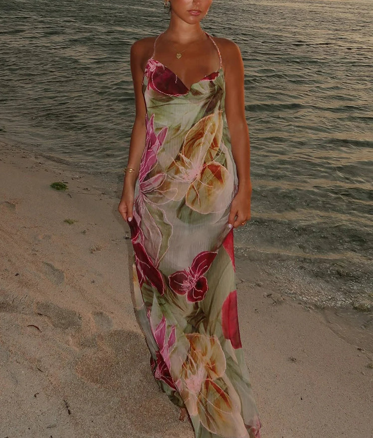 Floral Print Halter Neck Cowl Backless High Split Maxi Dress - View 3