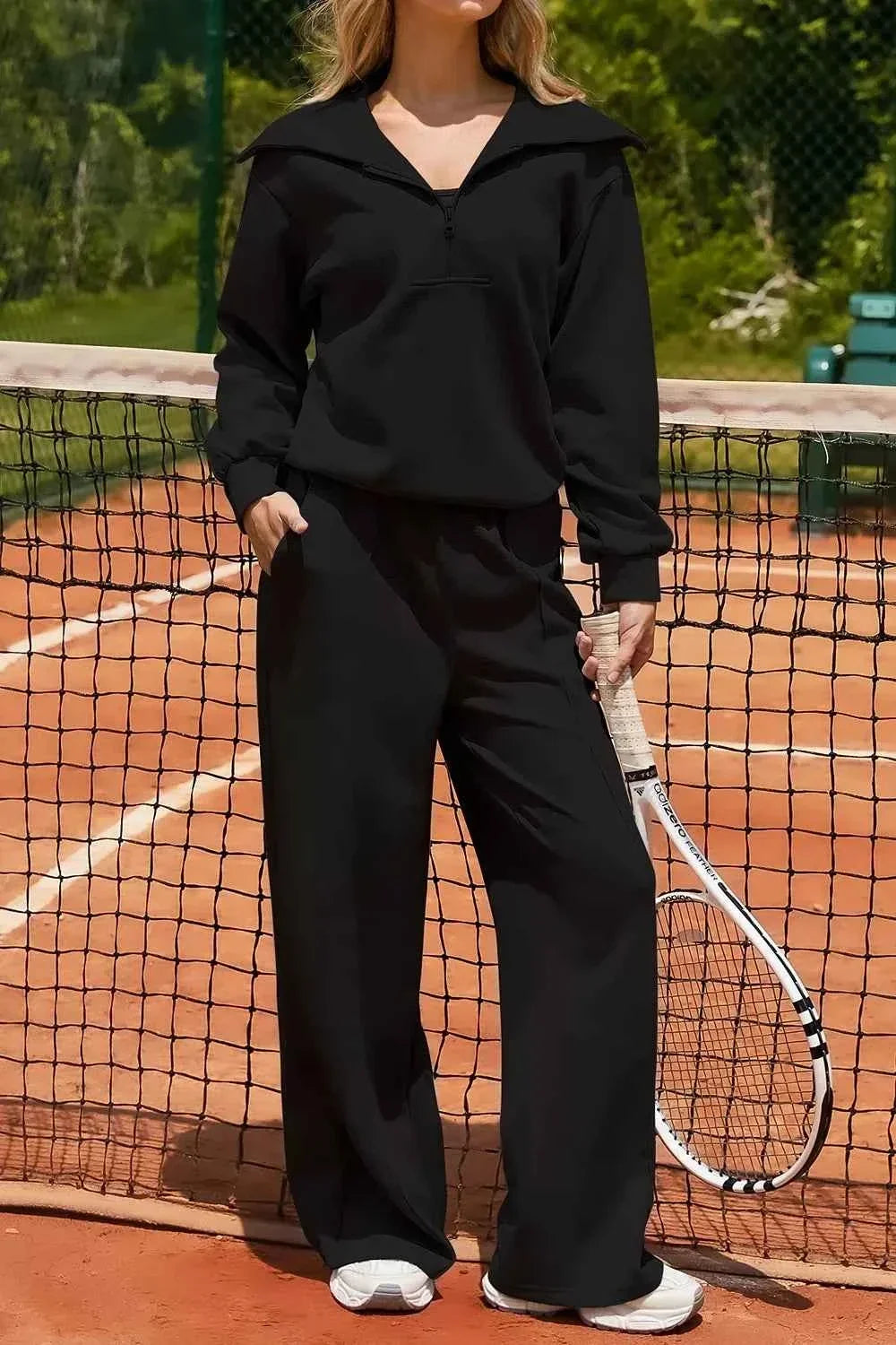 Solid Zip Sailor Collar Pullover Sweatpants Set