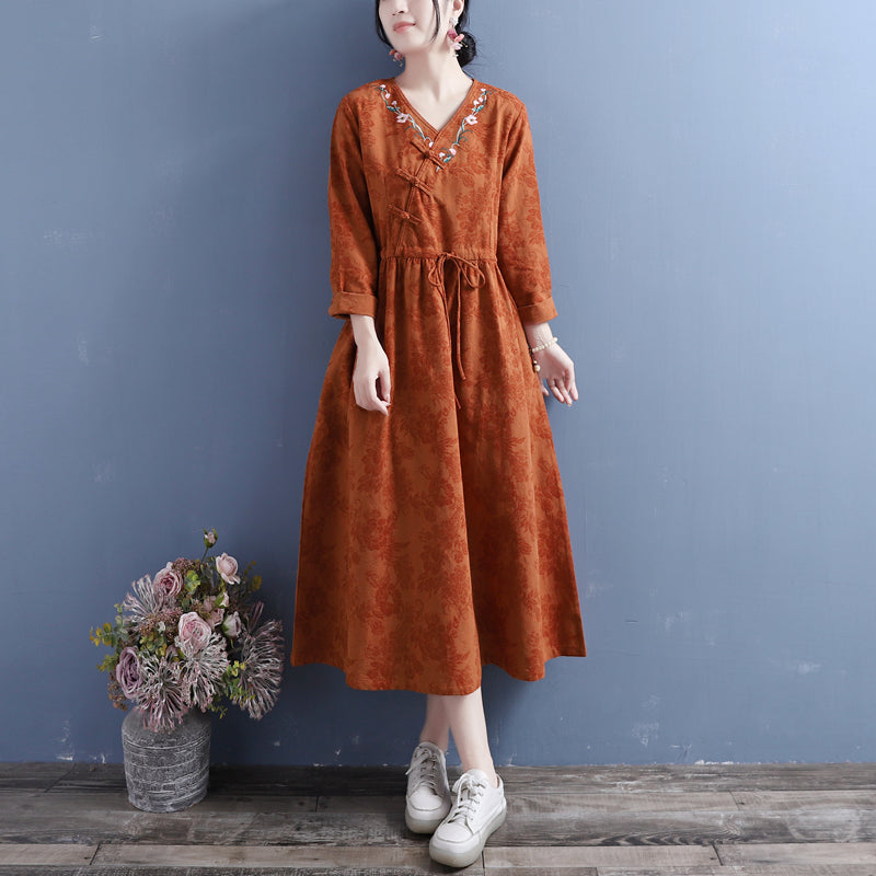 Jacquard Floral Embroidery Frog Button Wrap V-Neck Tie Waist Midi Dress - View 4