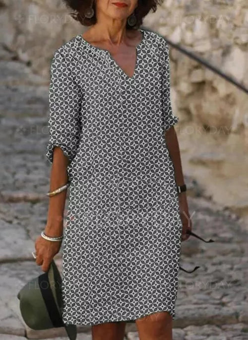 Geometric Print V-Neck Three Quarter Sleeve Shift Knee Dress - View 2