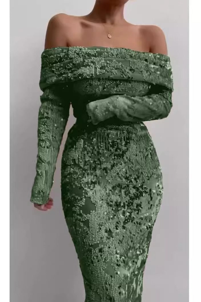 Sequin Off Shoulder Long Sleeve Bodycon Maxi Formal Dress - View 3