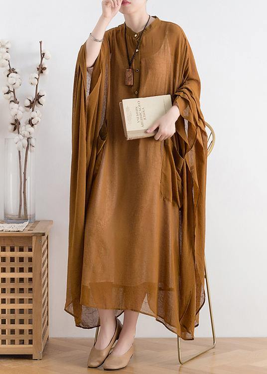 Batwing Sleeve Band Collar Button Front Patch Pocket Kaftan Maxi Dress - View 2