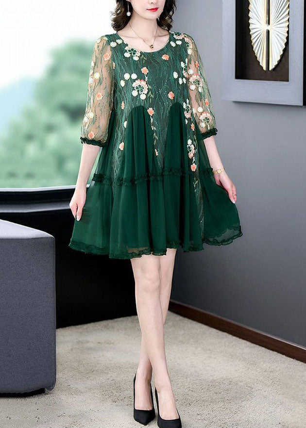 Floral Embroidered Mesh Round Neck Ruffle Cuff Tiered Mini Dress - View 3