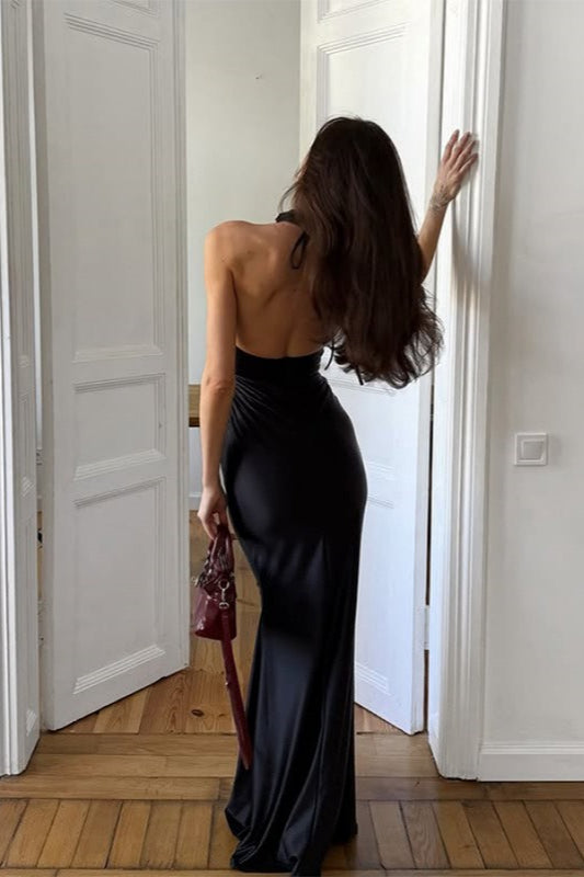 Satin Halter Neck Backless Ruched Mermaid Maxi Gown - View 5