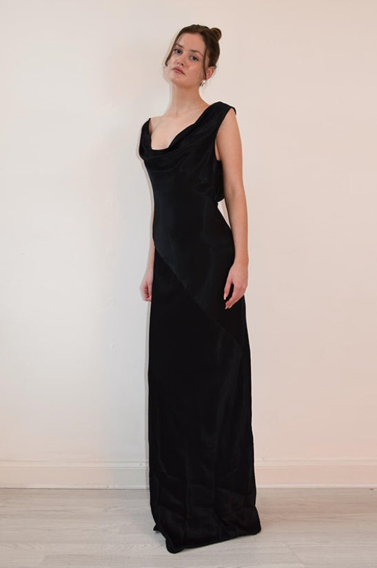 Satin Off Shoulder Cowl Draped Slim Fit Maxi Dress - View 6