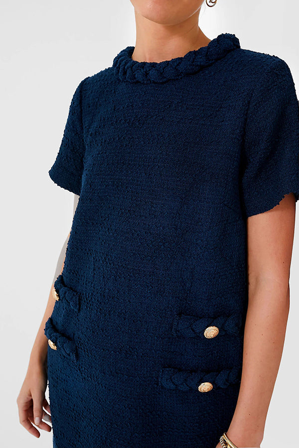 Tweed Braided Trim Faux Pocket Metallic Button Shift Mini Dress - View 18