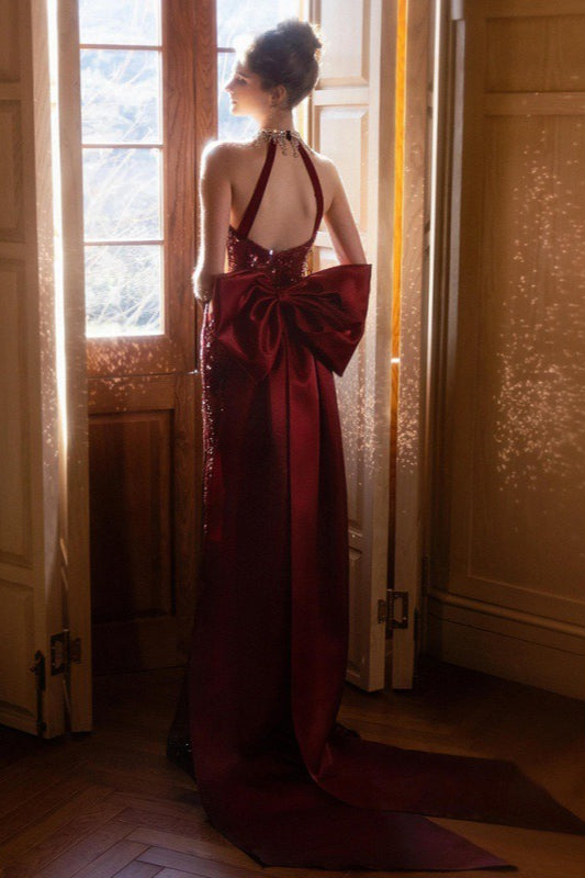 Sequin Halter Neck Plunge Backless Mermaid Gown - View 3