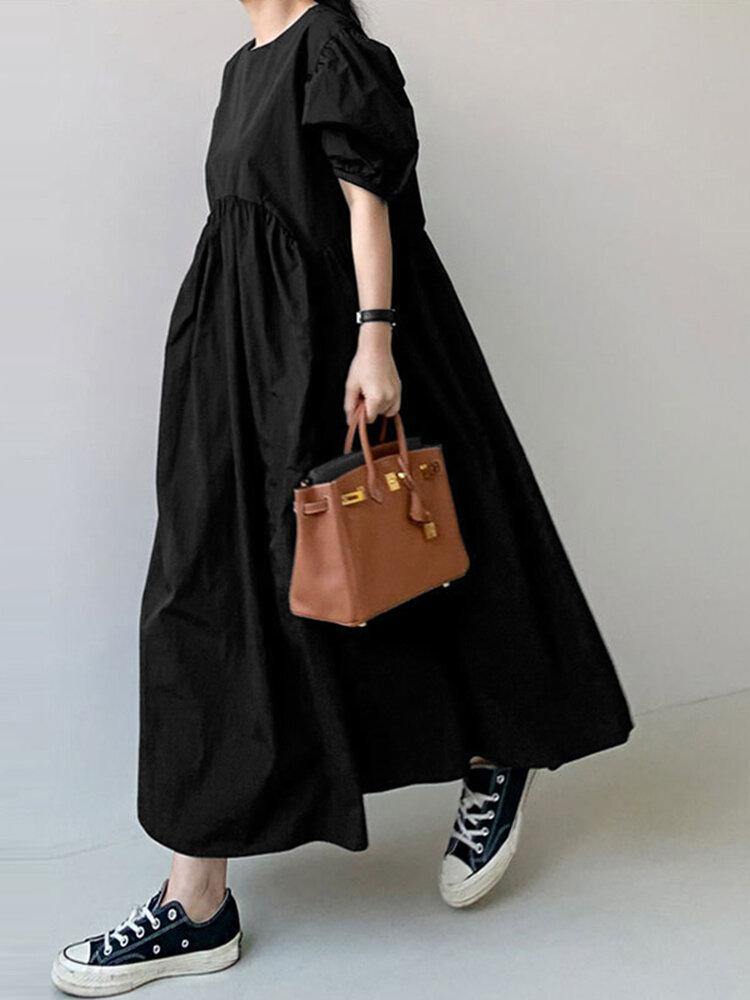 Puff Sleeve Round Neck Empire Waist Gathered Maxi Summer Dress - View 4