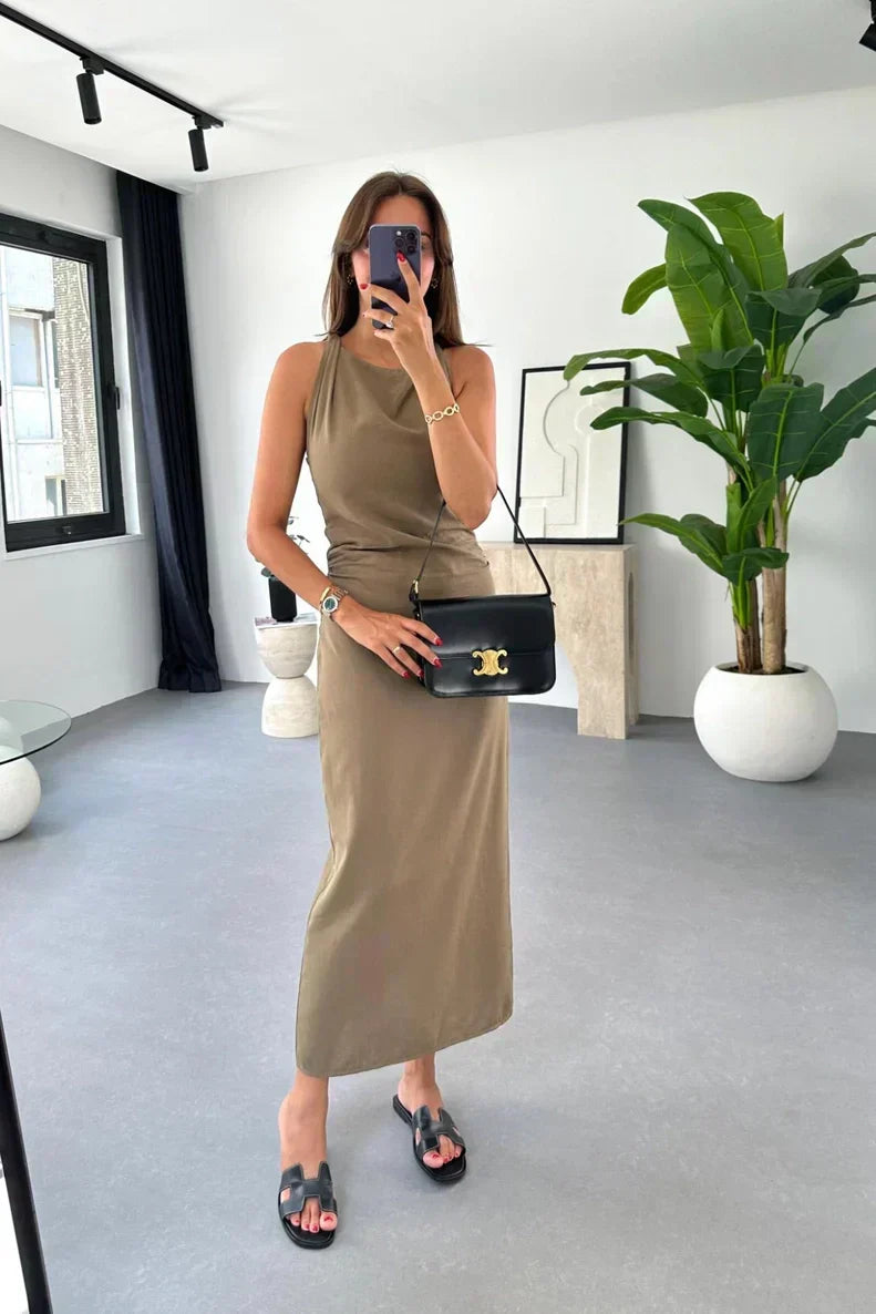 Boat Neck Sleeveless Gathered Waist Linen Look Midi Dress - View 3