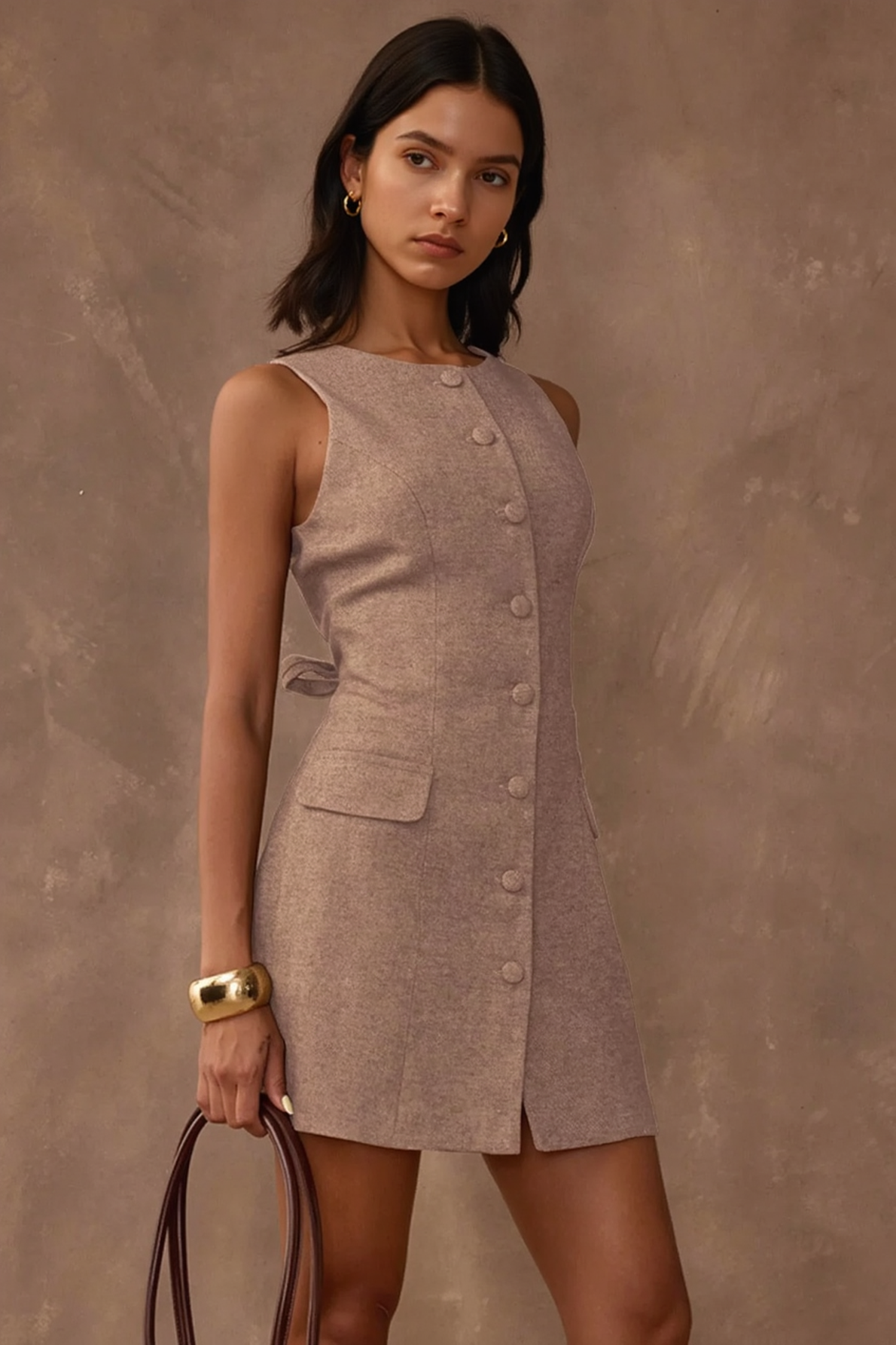 Crew Neck Sleeveless Button Front Tweed Look Mini Dress