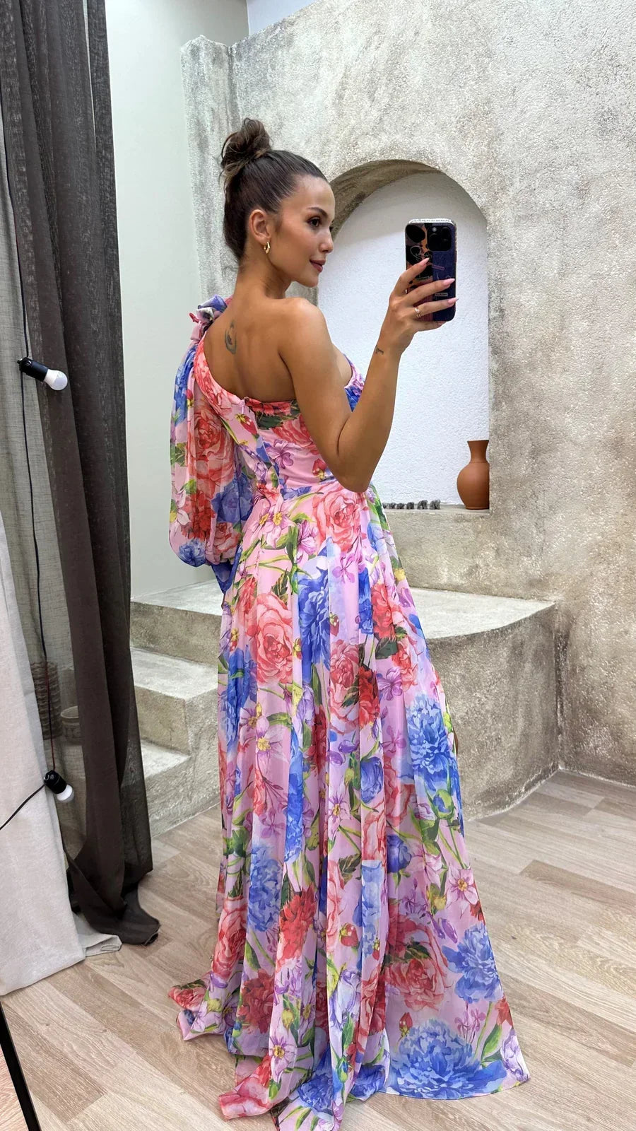 Floral Chiffon One Shoulder Puff Sleeve High Split Maxi Dress 4