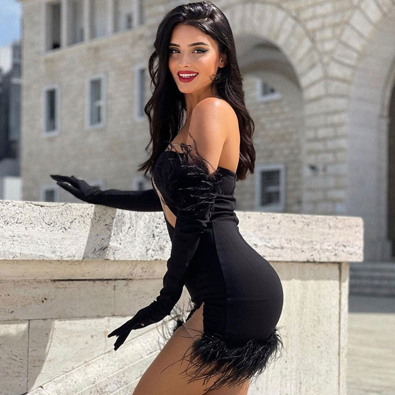 Alluring Trim Feather Glove Bandeau Party Mini Dress - Black - View 2