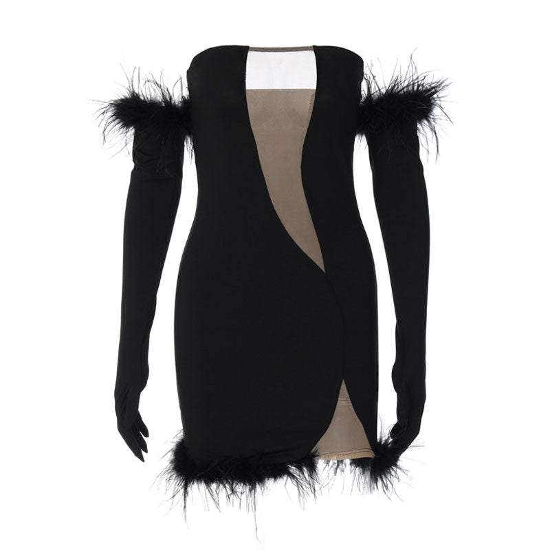 Alluring Trim Feather Glove Bandeau Party Mini Dress - Black - View 5