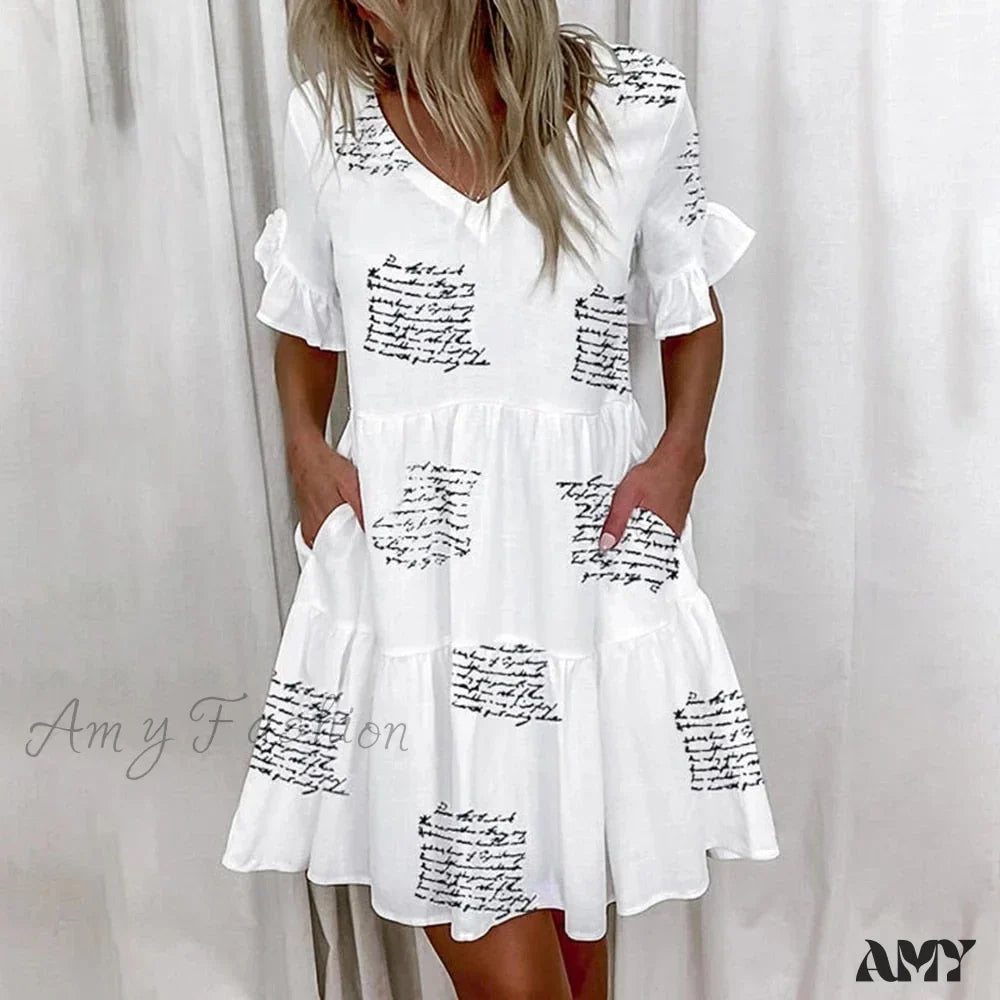 Script Print V-Neck Short Sleeve Tiered Mini Dress