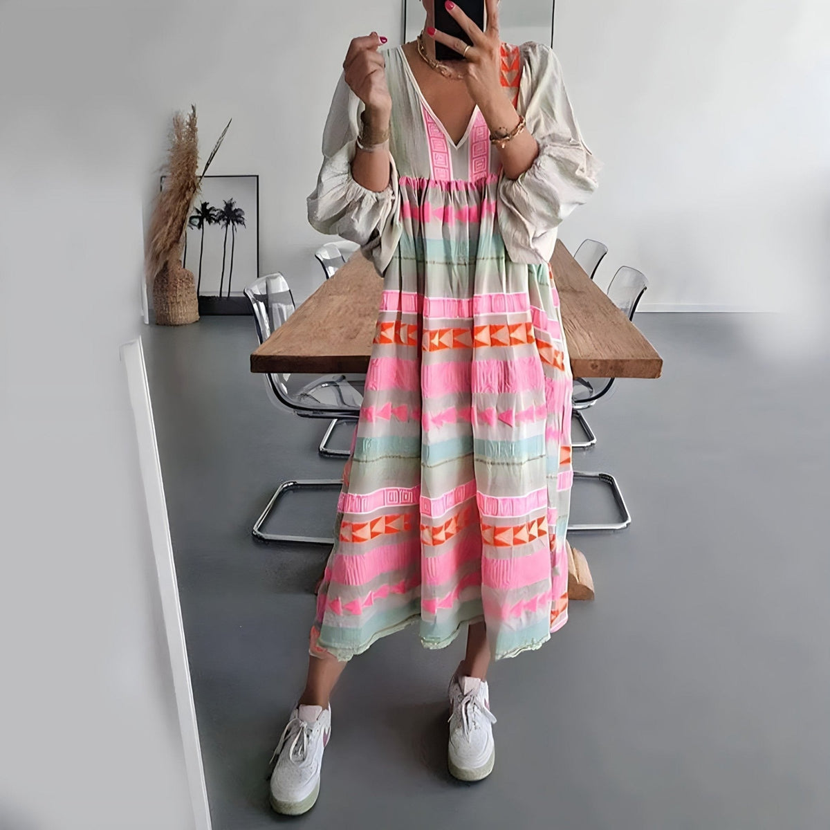 Deep V-Neck Puff Sleeve Embroidered Stripe Tiered Midi Dress