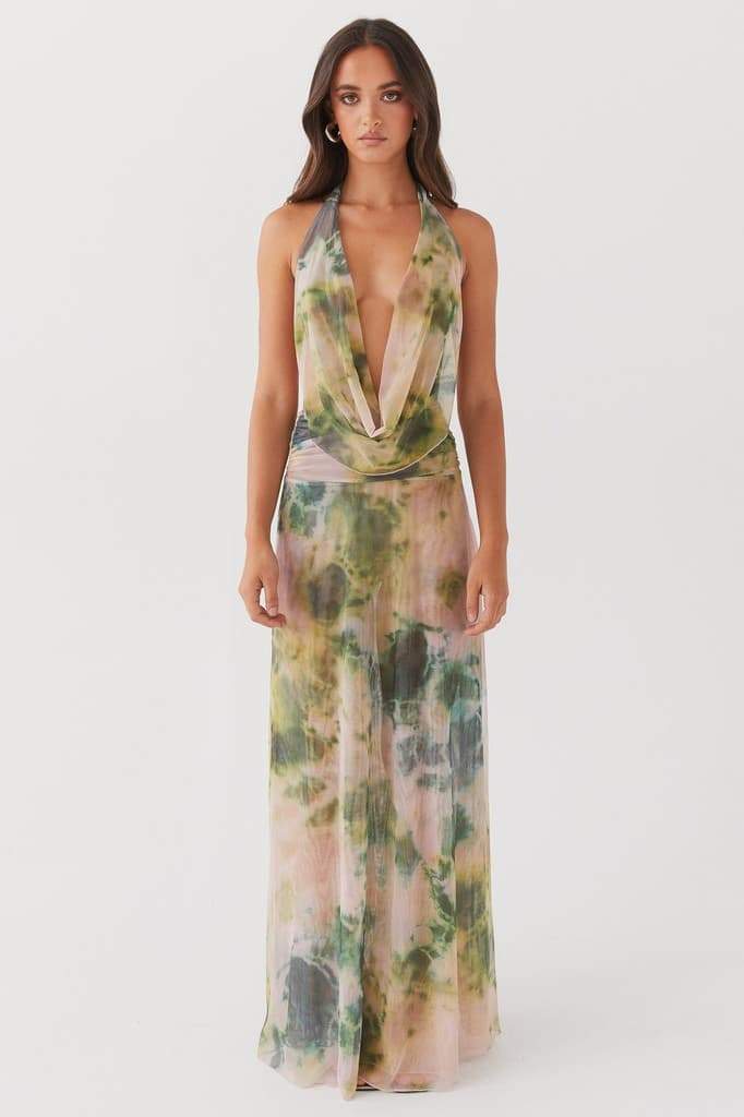 Halter Neck Deep V-Neck Draped Cowl Maxi Dress - View 3