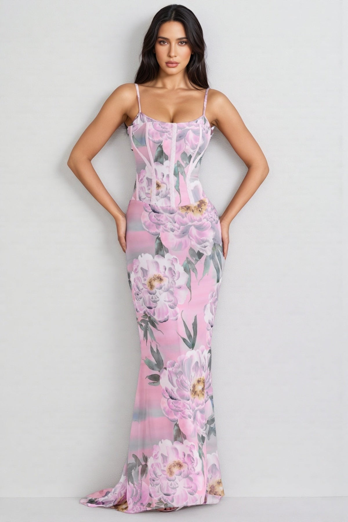 Floral Spaghetti Strap Corset Mermaid Maxi Dress - View 4