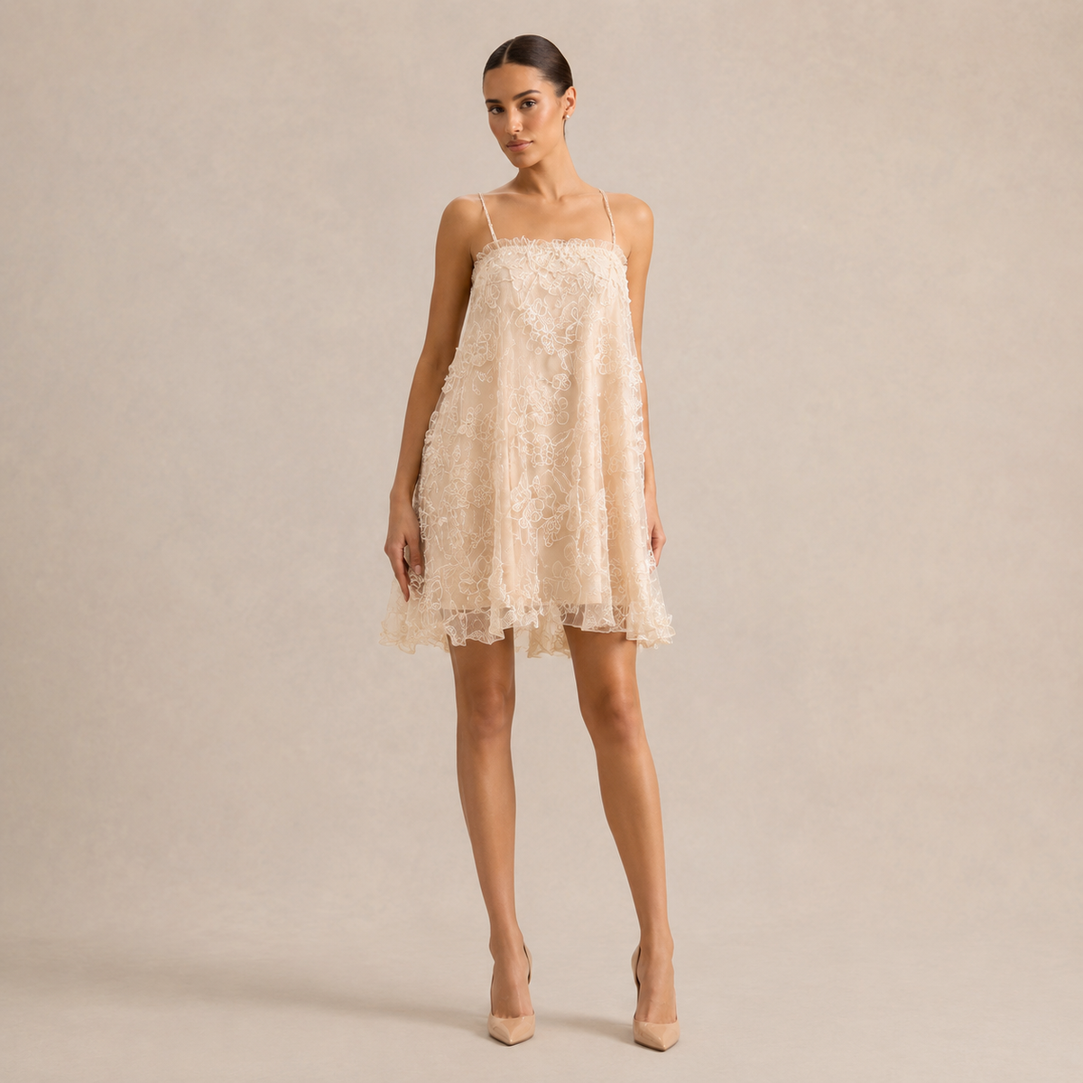 Floral Applique Spaghetti Strap Tulle Babydoll Mini Dress 4