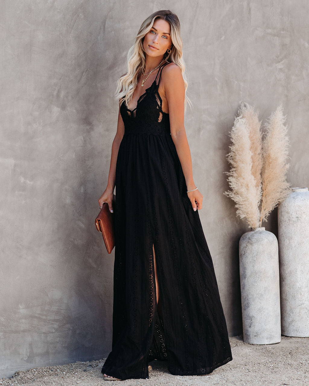Archer Pocketed Lace Eyelet Maxi Dress Black - View 9