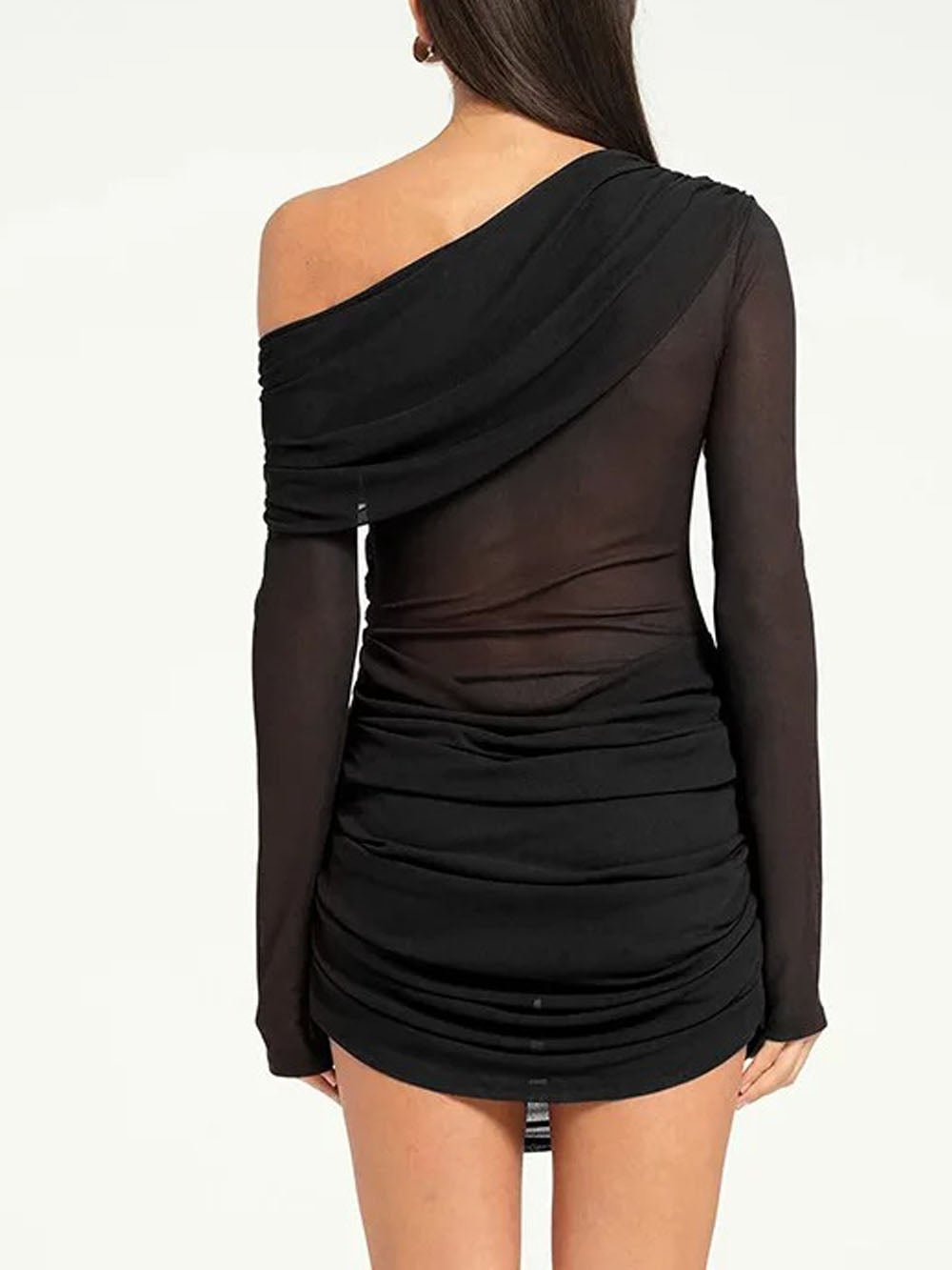 Ariana One Shoulder Mesh Mini Dress in Black - View 2