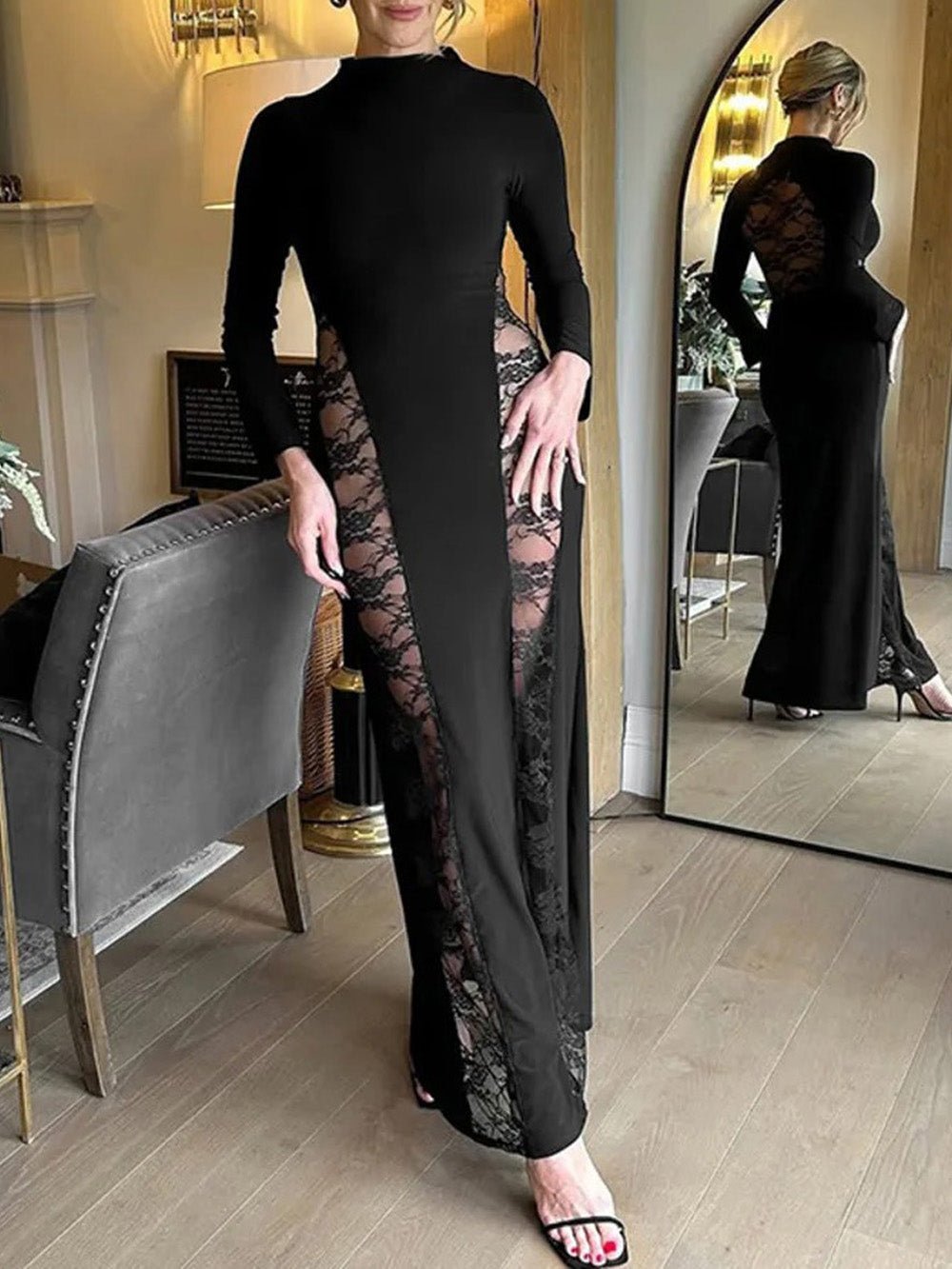 Ariana Sheer Lace Maxi Dress in Black