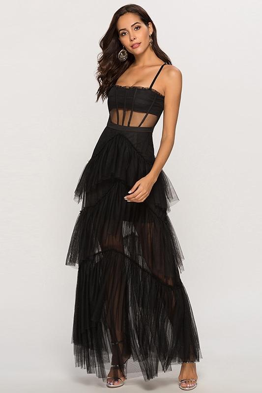 Tulle Spaghetti Strap Corset Tiered Maxi Dress - View 4