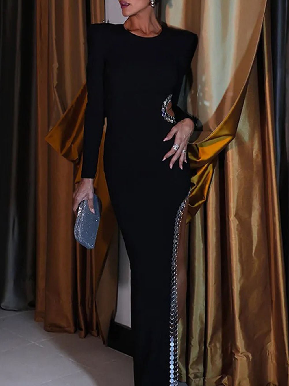 Sequin Shoulder Off Shoulder Bodycon Maxi Dress in Black