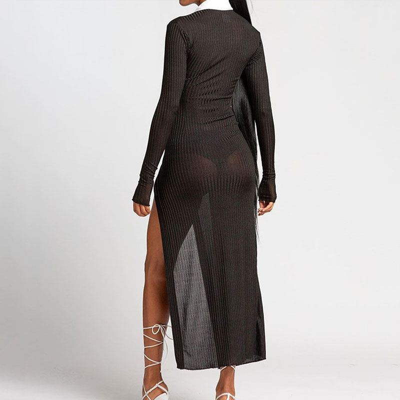Button Up High Split Sheer Ribbed Knit Maxi Dress - Black - View 2
