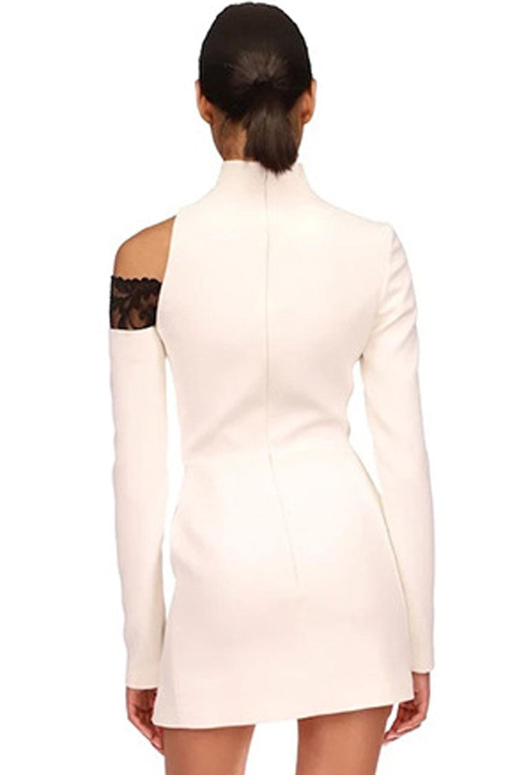 Asymmetric High Neck Lace Trim Cutout Mini Dress - White - View 4