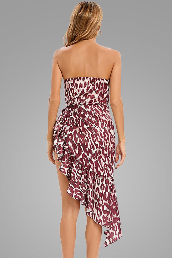 Asymmetrical Ruffle Satin Sweetheart Strapless Party Dress - Leopard - View 3