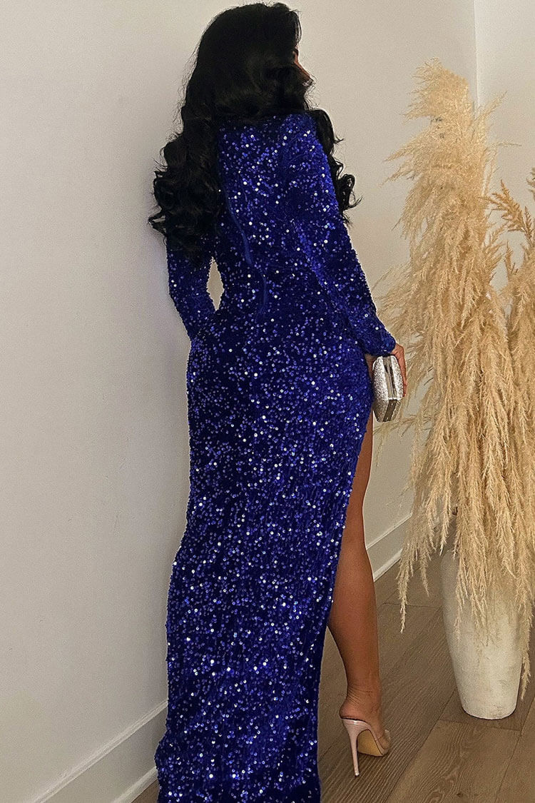 Sequin Long Sleeve Corset Bustier High Split Mermaid Maxi Gown - View 2