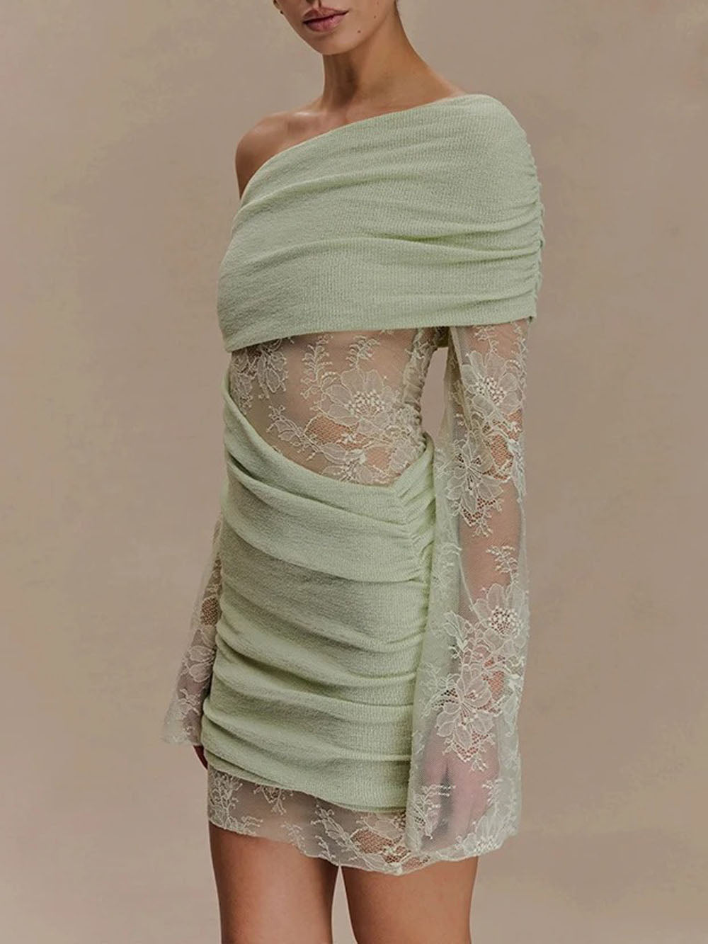 Aurelia One Shoulder Lace Mini Dress Sage Whisper - View 4