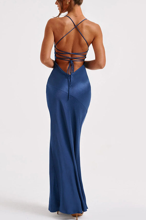 Satin Solid Color Sexy Backless Lace Up High Slit Maxi Dress - View 22